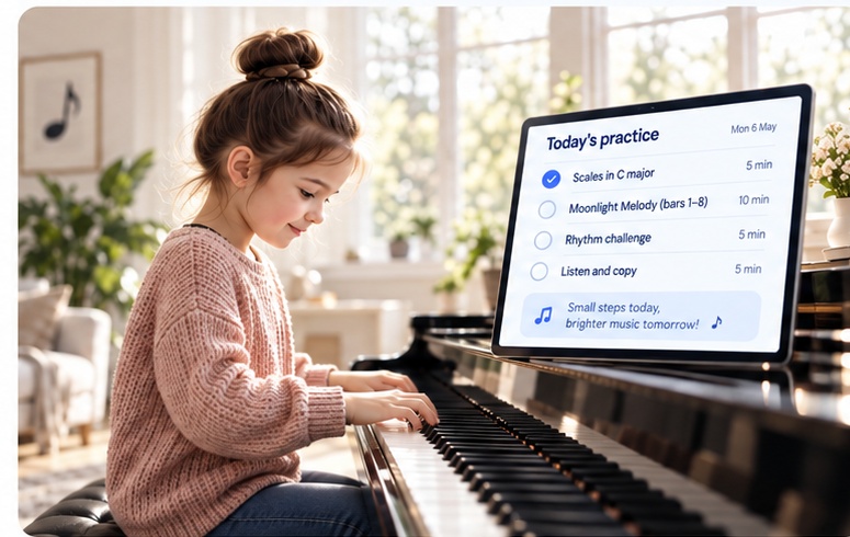 Pupil practising piano beside the Pitch & Progress pupil practice dashboard