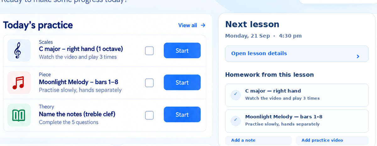 Pitch & Progress pupil dashboard showing today's homework checklist and next lesson