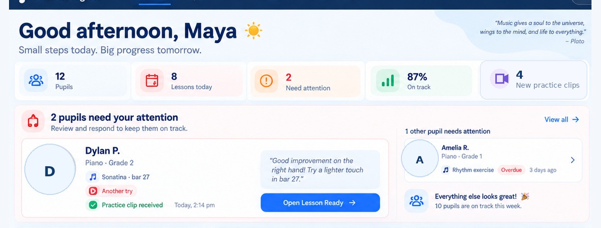 Pitch & Progress teacher dashboard showing pupils, attention and practice clips